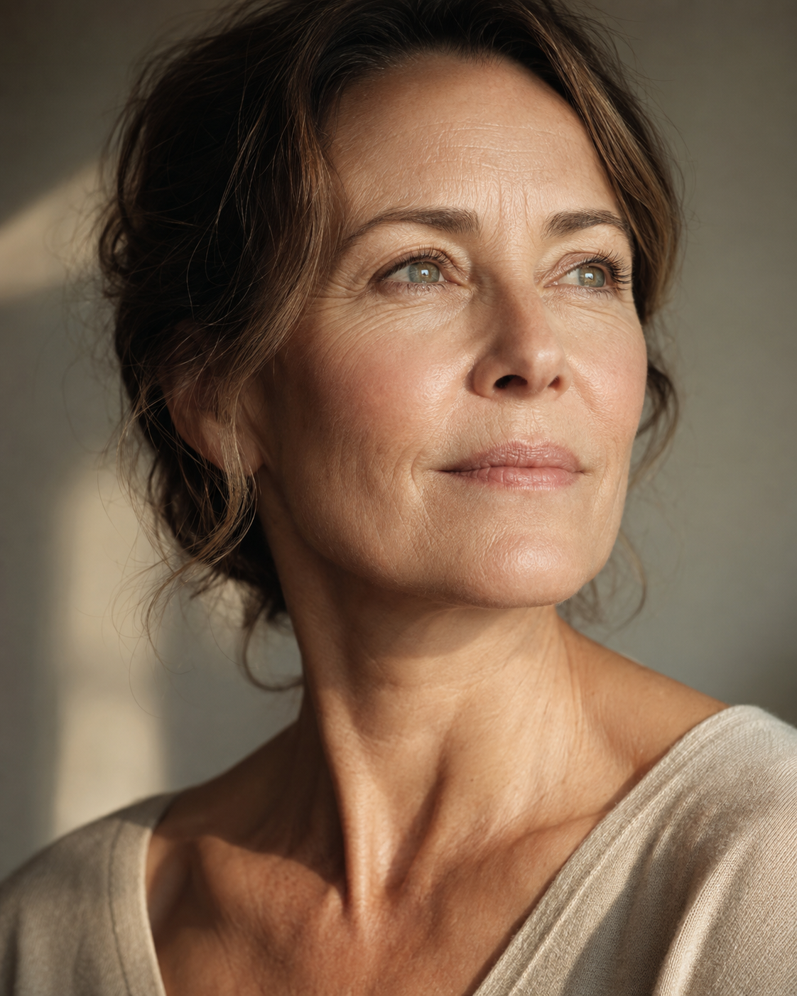 Mature woman with natural skin in warm sunlight for anti-ageing skincare