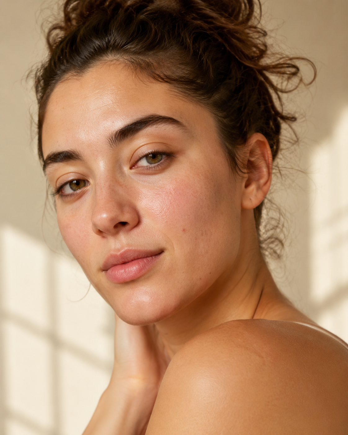 Young woman with natural skin in warm light for acne and breakout skincare