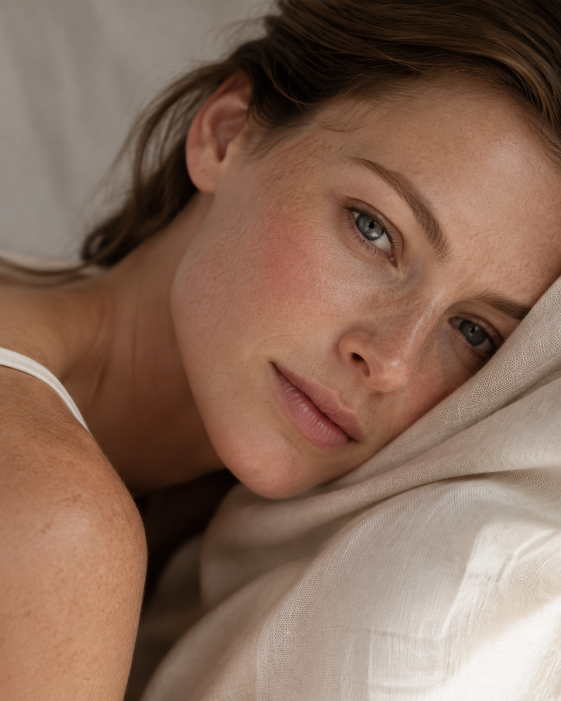 Woman resting on soft linen with calm natural skin for sensitive skincare