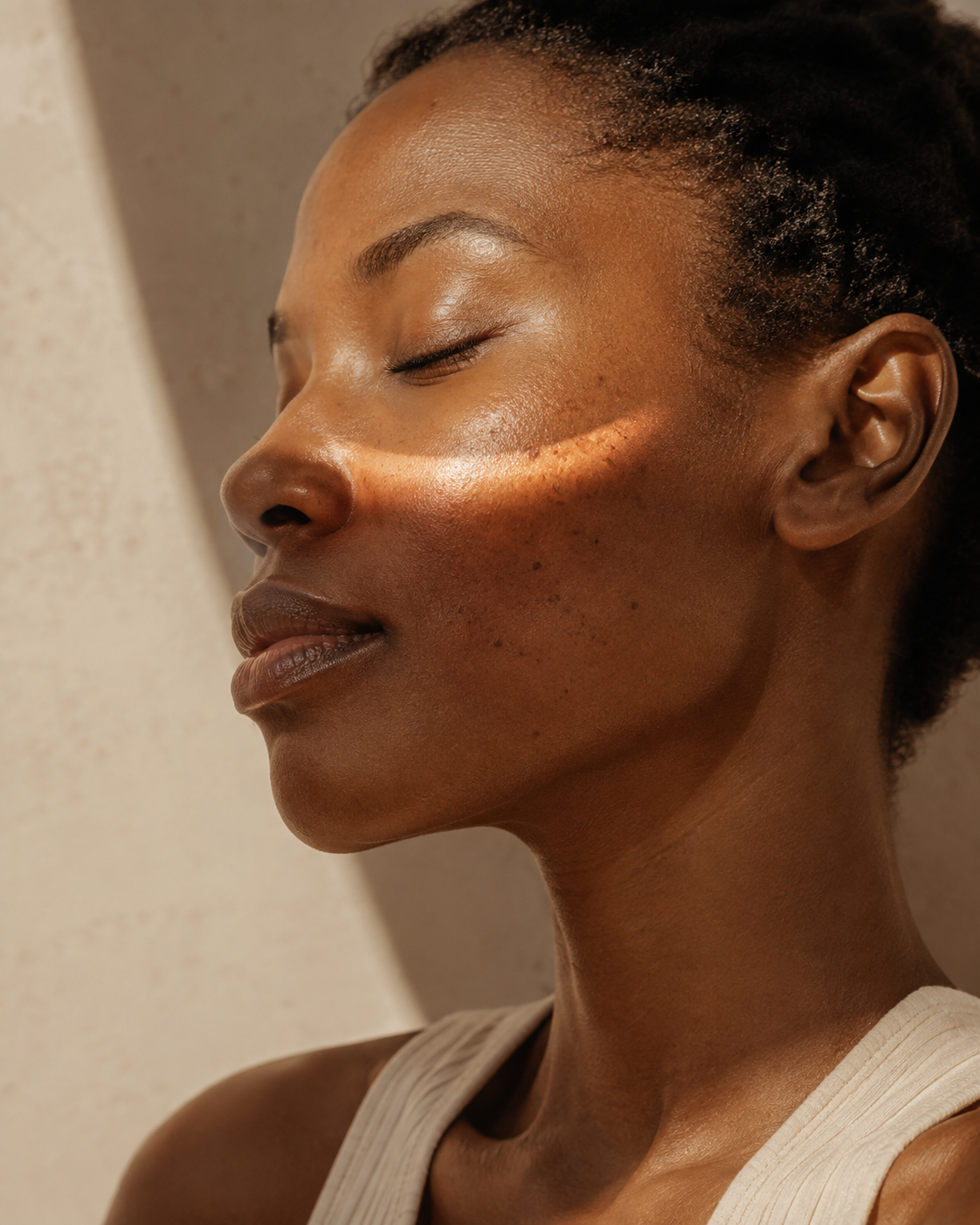 Black woman with natural skin in warm sunlight for brightening and pigmentation skincare