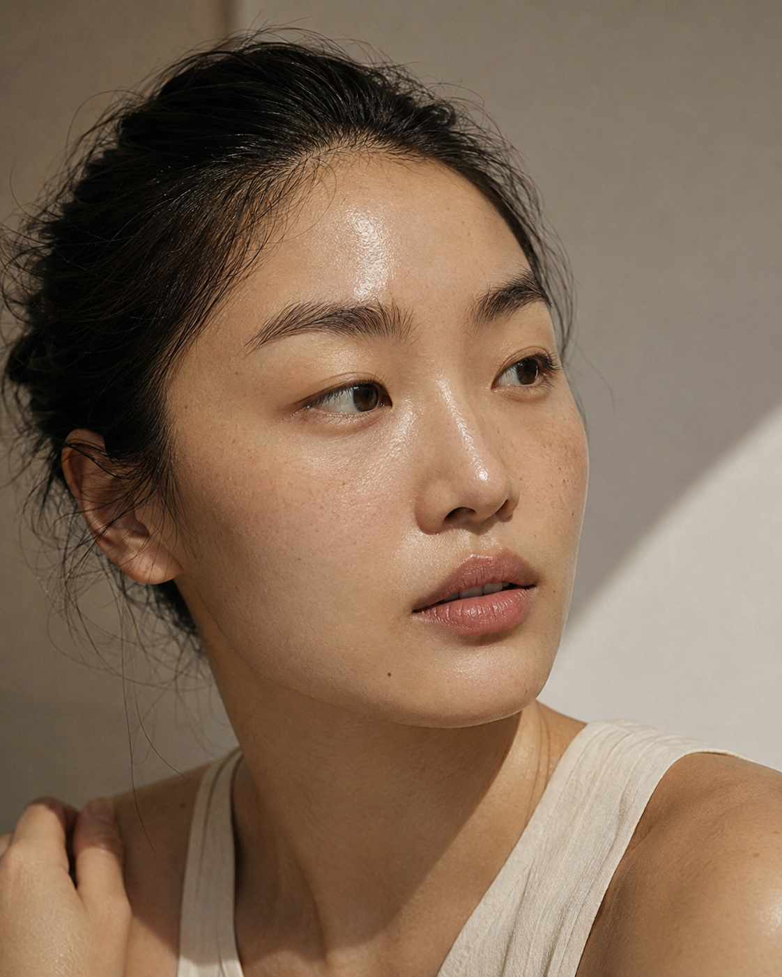 East Asian woman with natural dewy skin for oily and combination skincare